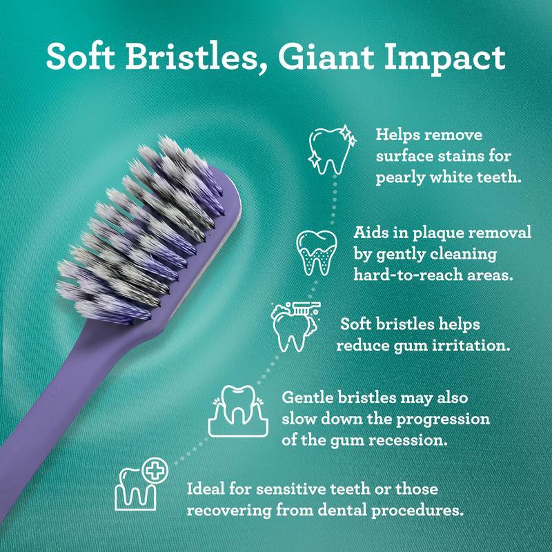 Gurunanda Gentle Giant Toothbrush with Dual Action Flossing Spiral Bristles - Ergo Dexa Grip - Helps in Teeth Whitening, BPA Free, (4 Count)