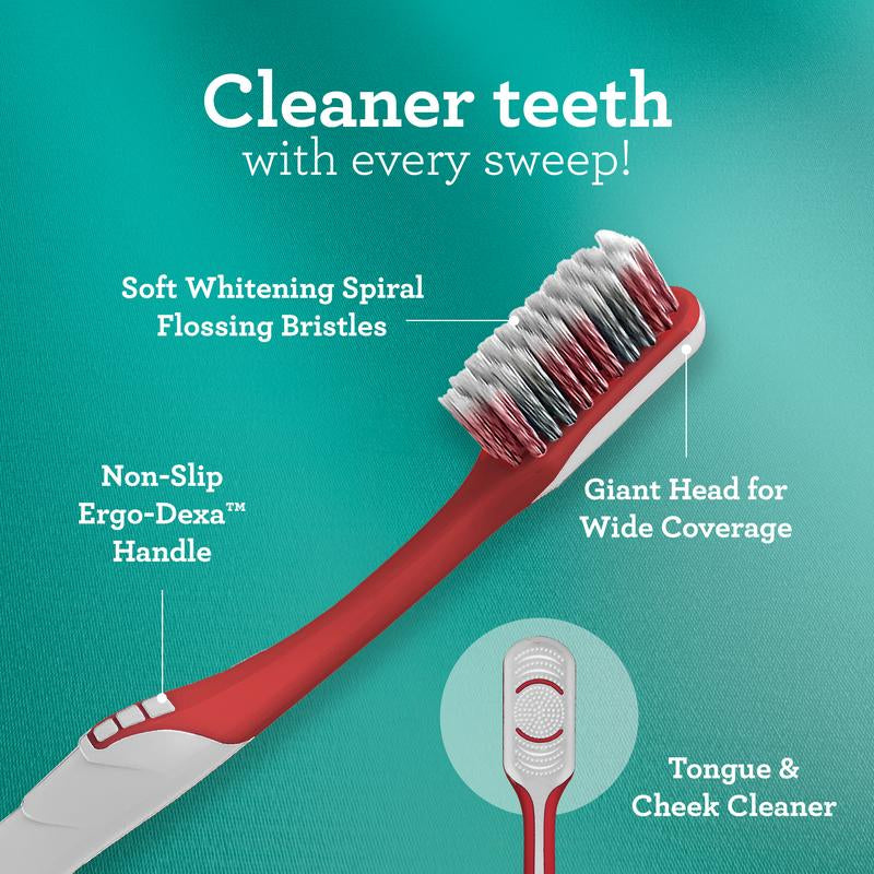 Gurunanda Gentle Giant Toothbrush with Dual Action Flossing Spiral Bristles - Ergo Dexa Grip - Helps in Teeth Whitening, BPA Free, (4 Count)