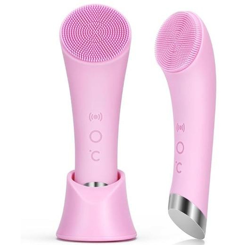 Facial Cleansing Brush, PRITECH Heatable Vibrating Face Scrubber with Massage, Silicone Face Scrubber for Women & Men, Electric Facial Cleanser for Deep Cleansing, Gentle Exfoliating (Pink)