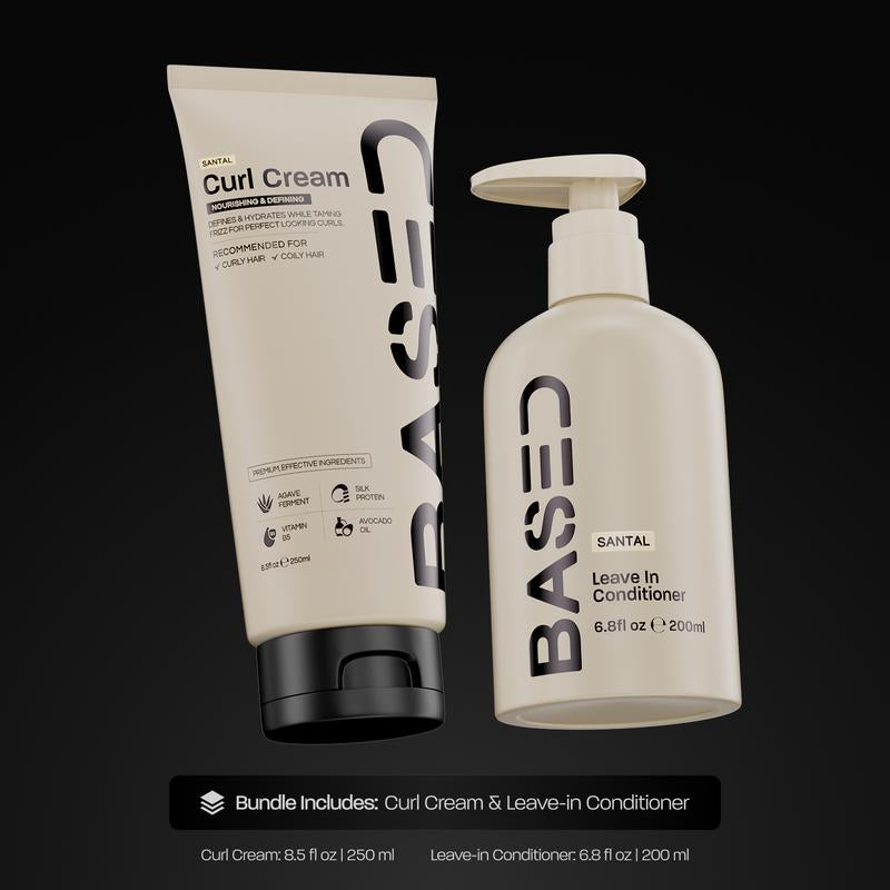 BASED Curly Duo: Premium Non-Toxic Curl Cream & Leave-In Conditioner Bundle - Defines Curls, Controls Frizz, Medium Hold with Agave & Silk Protein, Instant Hydration & Nourishment, No Harmful Chemicals