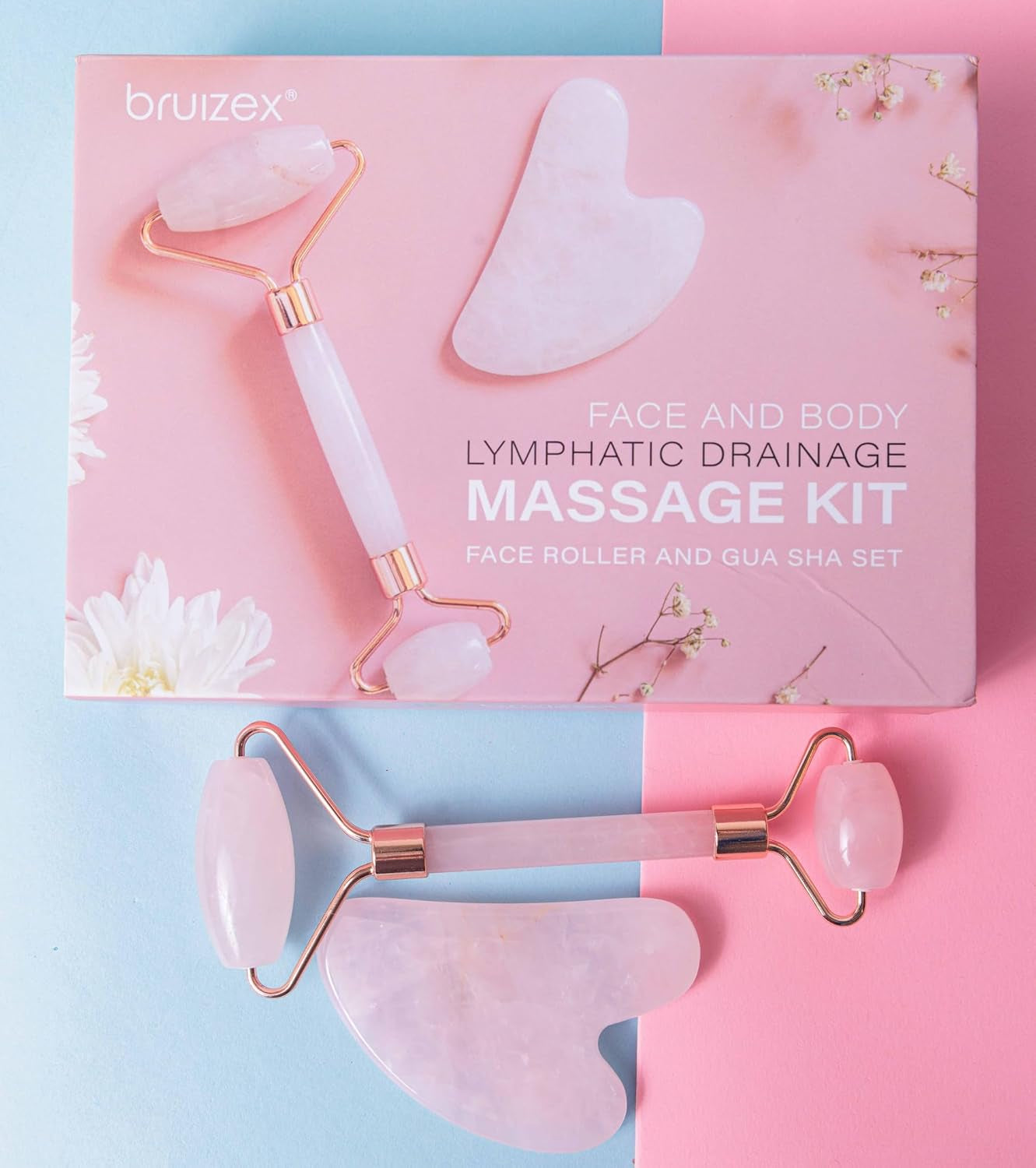 Lymphatic Drainage Face Massager Set: Rose Quartz Face Roller & Gua Sha Facial Tool for Lymphatic Massage, Muscle Tension Relief, Skin Care, for Lymphatic Massage Oil, Serum & Face Cream